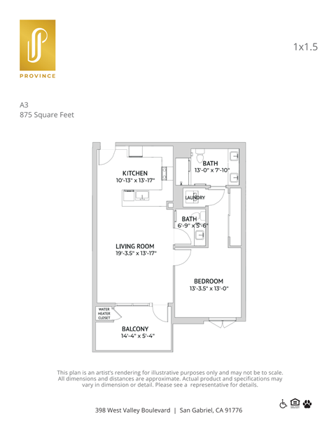 Floor plan for 1 bed, 1 bath, 875 sqft